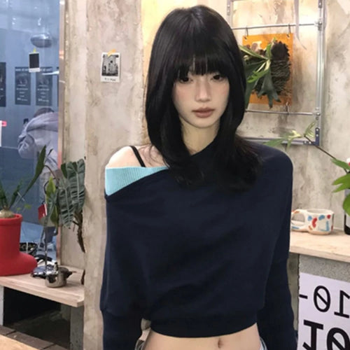 Load image into Gallery viewer, 2025 Women Knitted Patchwork Skew Collar T-shirts Y2k Aesthetic Batwing Sleeve Sexy Tops Streetwear Vintage Grunge Cropped Tees
