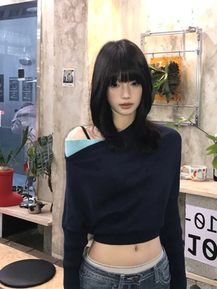 2025 Women Knitted Patchwork Skew Collar T-shirts Y2k Aesthetic Batwing Sleeve Sexy Tops Streetwear Vintage Grunge Cropped Tees