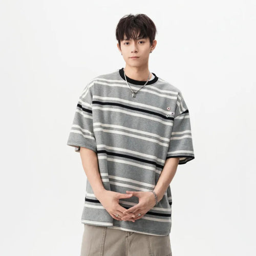 Load image into Gallery viewer, Striped Men&#39;s Short Sleeve T-shirts New Summer Contrast Color Button Design Casual Pullover Male Clothing 2025 9W1669
