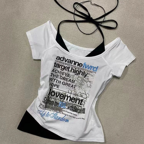 Load image into Gallery viewer, Streetwear Fake Two Pieces Halter Bandage Women T-shirt Harajuku Letter Printing Crop Tops Y2k Aesthetic Bodycon Grunge Tees
