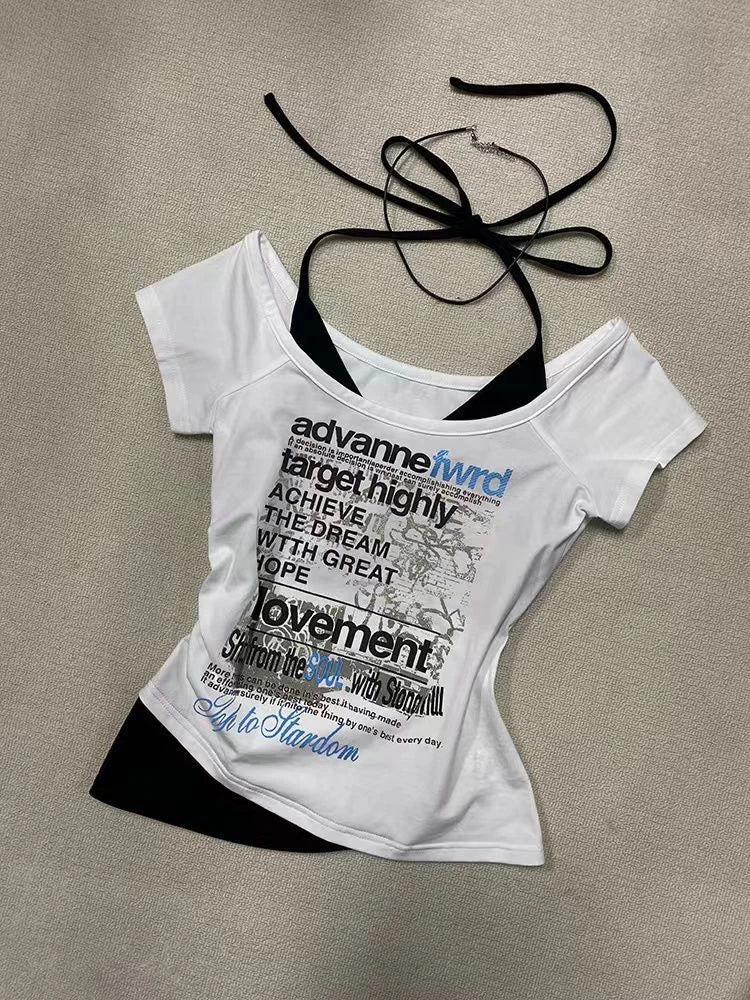 Streetwear Fake Two Pieces Halter Bandage Women T-shirt Harajuku Letter Printing Crop Tops Y2k Aesthetic Bodycon Grunge Tees