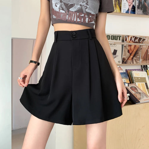 Load image into Gallery viewer, Summer Fashion Black Gray Casual Loose Wide Leg A-line Shorts Women Brown High Waist Elegant Lady Pleated Short Pants
