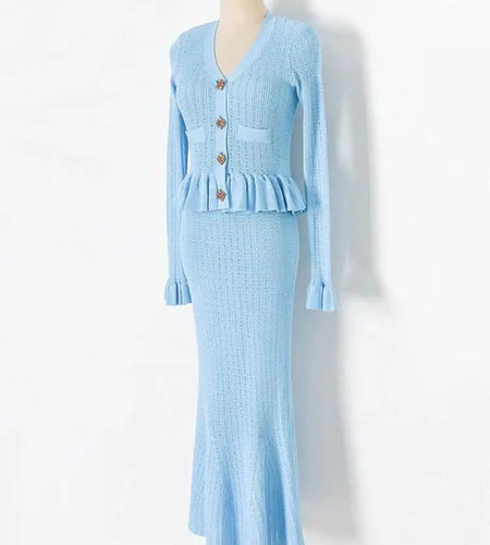 French Autumn 2024 New Women Black White Blue Single Breasted Knitted Dress Elegant Slim Office V-neck Ruffles Long Sleeve Dress