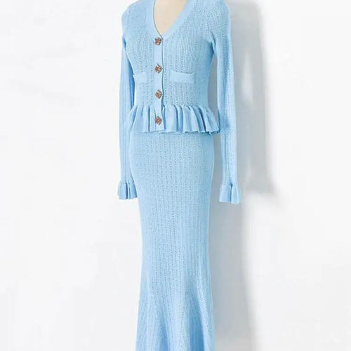 Load image into Gallery viewer, French Autumn 2024 New Women Black White Blue Single Breasted Knitted Dress Elegant Slim Office V-neck Ruffles Long Sleeve Dress
