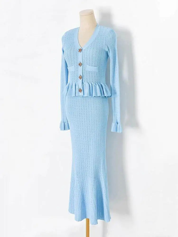 French Autumn 2024 New Women Black White Blue Single Breasted Knitted Dress Elegant Slim Office V-neck Ruffles Long Sleeve Dress