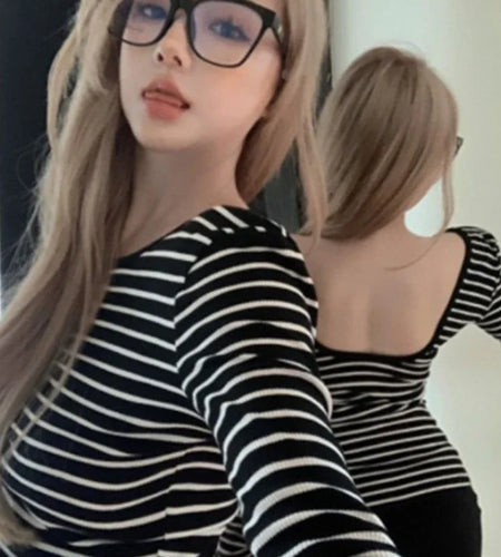 Striped Backless Slim Casual T-shirt Women Sexy Y2k Aesthetic Vintage Tshirts All Match Streetwear Long Sleeve Crop Tee Shirts