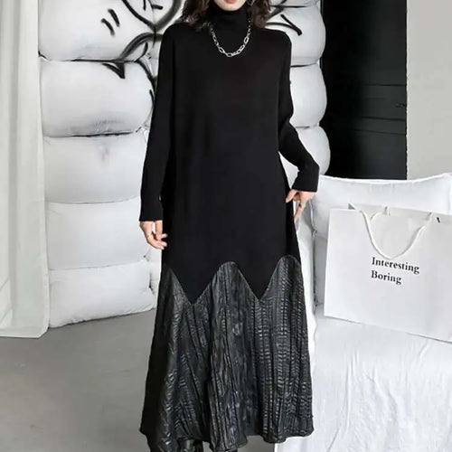 Load image into Gallery viewer, Women Black Knitting Pleated Big Size Long Dress New Turtleneck Long Sleeve Fashion Tide Spring Autumn 2025 1DH1599
