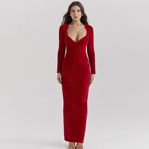 Load image into Gallery viewer, Velvet Long Sleeve Sexy Maxi Dress For Women Elegant V Neck Back Slit Bodycon Sexy Club Party Dress Clubwear Dresses
