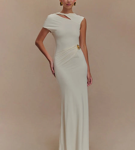Hollow Out Gold Clasp Sexy Maxi Dress For Women Gown Solid Sleeveless Backless Ruched Bodycon Club Long Dress Elegant
