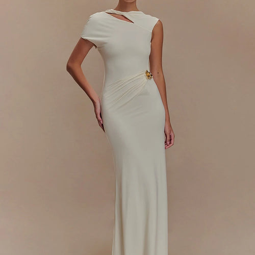 Load image into Gallery viewer, Hollow Out Gold Clasp Sexy Maxi Dress For Women Gown Solid Sleeveless Backless Ruched Bodycon Club Long Dress Elegant
