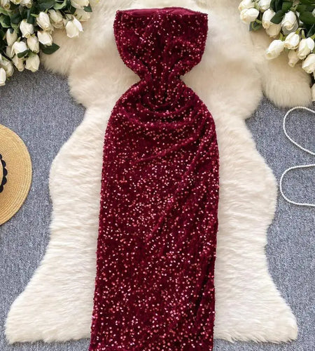 French Women Red Sequin Backless Birthday Party Strapless Split Long Dress Summer Elegant Sexy Sleeveless Pleated Evening Dress