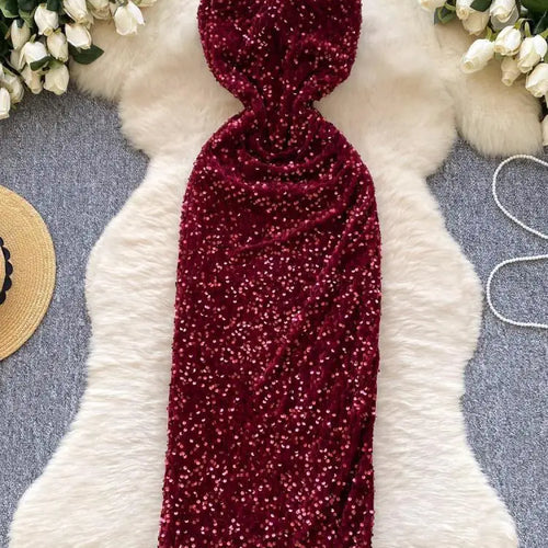 Load image into Gallery viewer, French Women Red Sequin Backless Birthday Party Strapless Split Long Dress Summer Elegant Sexy Sleeveless Pleated Evening Dress
