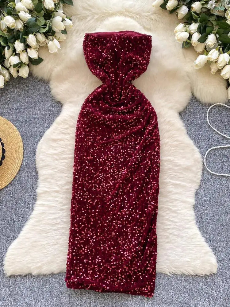 French Women Red Sequin Backless Birthday Party Strapless Split Long Dress Summer Elegant Sexy Sleeveless Pleated Evening Dress