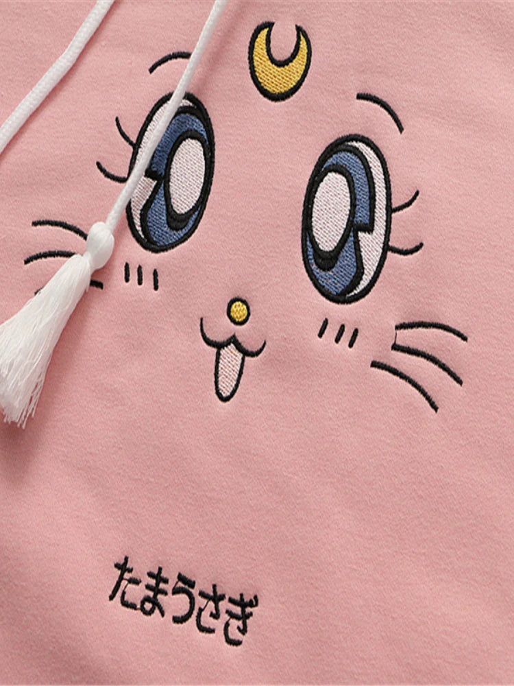 Cartoon Cat Embroidery Fleece Hooded Sweatshirts Winter Women Harakuju Cute Hoodies Long Sleeve Kawaii Pullover Tracksuits