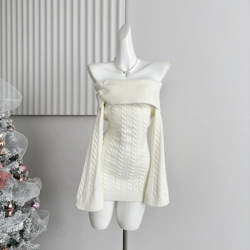 Load image into Gallery viewer, Autumn Winter Korean White Off Shoulder Slim Long Sleeve Twisted Short Dress Women Festival Backless Wrap Hip Knitted Dress Chic
