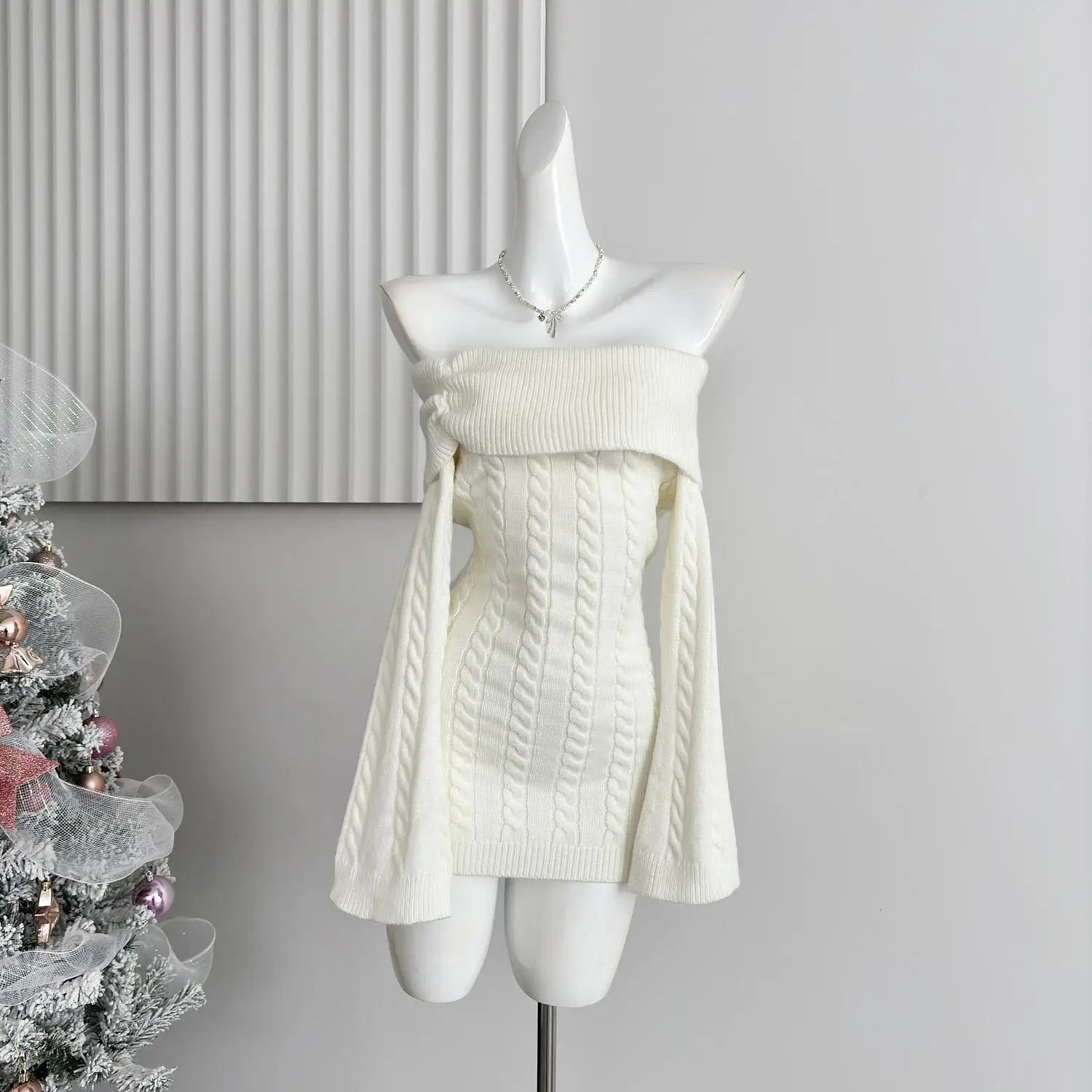 Autumn Winter Korean White Off Shoulder Slim Long Sleeve Twisted Short Dress Women Festival Backless Wrap Hip Knitted Dress Chic