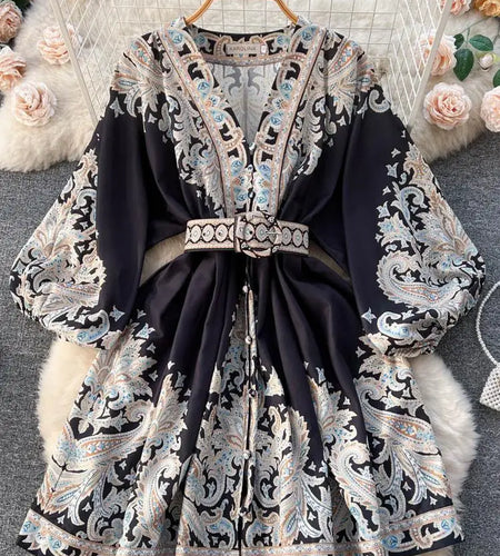 French Retro Women Black Print Single Breasted Short Dresses Autumn Winter Beige Slim Lantern Sleeve Mini Dress Ladies Bohemian