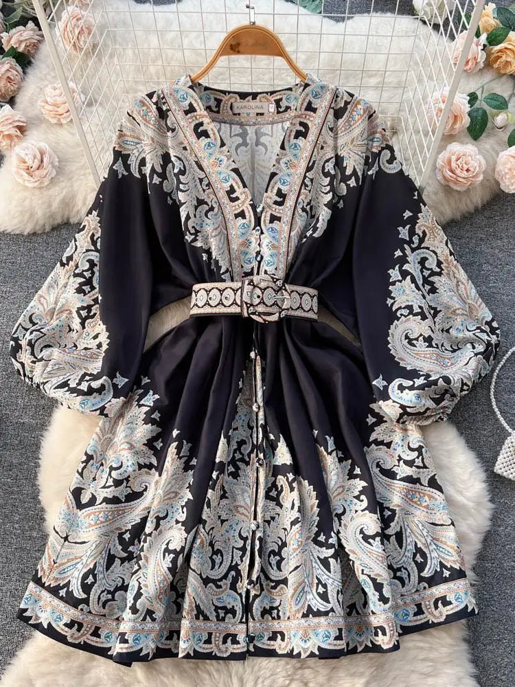 French Retro Women Black Print Single Breasted Short Dresses Autumn Winter Beige Slim Lantern Sleeve Mini Dress Ladies Bohemian