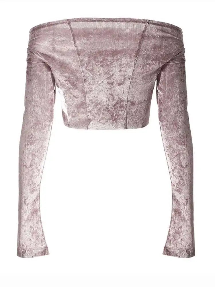 Velvet Denim T-shirt Half-body Skirt Two Pieces Suit New Slash Neck Long Sleeve Women Fashion Spring Autumn 2025 7AB6039