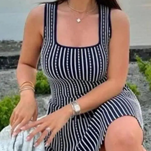 Load image into Gallery viewer, Korean Fashion Summer Striped Elegant Square Neck Slim Vest Short Dresses For Women Sleeveless Sexy Mini Dress 2025 Casual Trend
