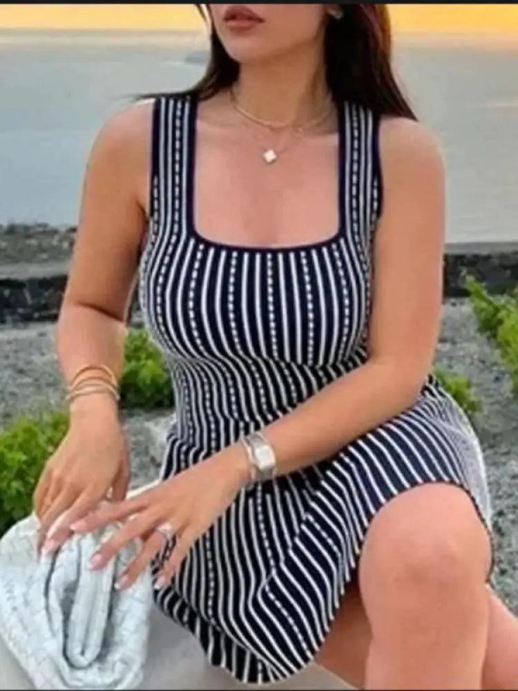 Korean Fashion Summer Striped Elegant Square Neck Slim Vest Short Dresses For Women Sleeveless Sexy Mini Dress 2025 Casual Trend