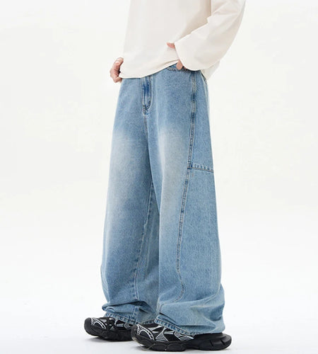 Men Jeans Straight Wide Leg Curved Knife Design Splicing Gradient Color Trendy New High Street Summer Male Clothing 9W2026