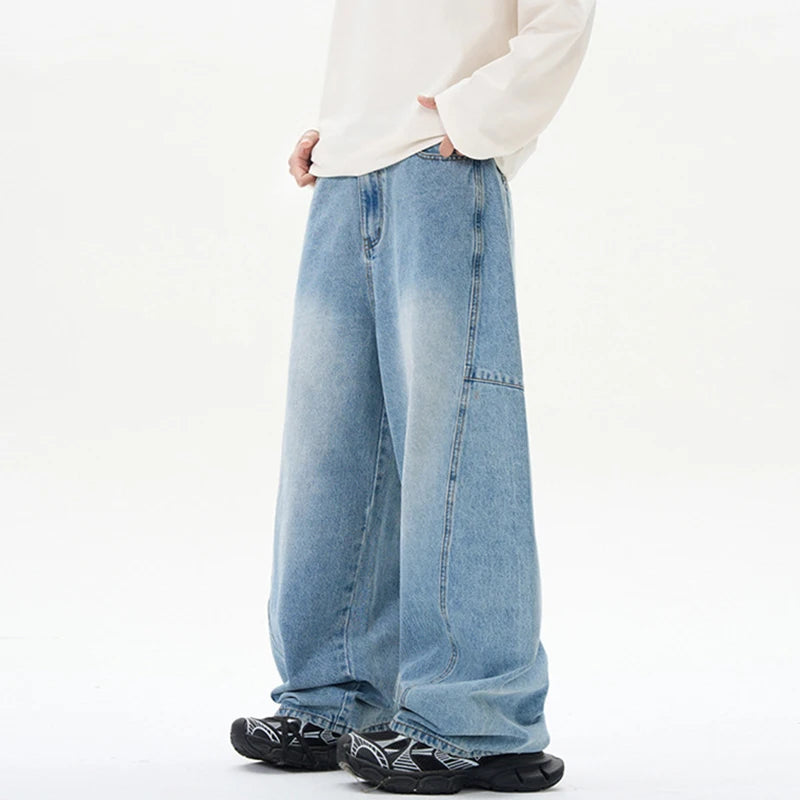 Men Jeans Straight Wide Leg Curved Knife Design Splicing Gradient Color Trendy New High Street Summer Male Clothing 9W2026