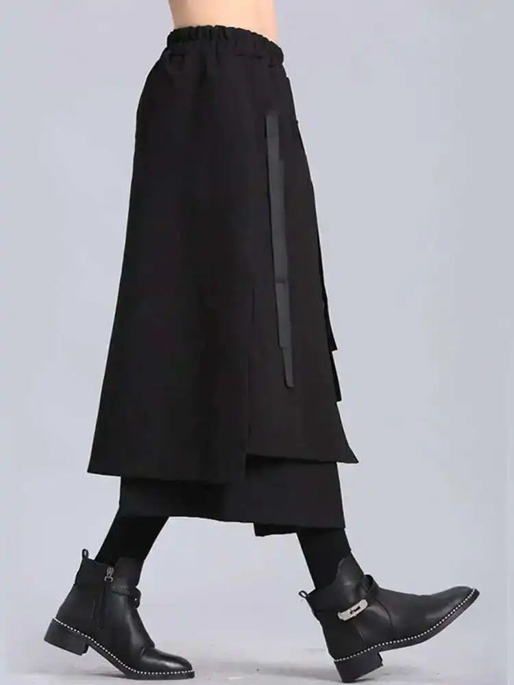 High Elastic Waist Black Irregular Ribbon Long Casual Half-body Skirt Women Fashion Tide New Spring Autumn 2025 JL233