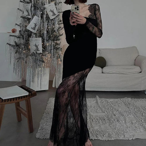 Load image into Gallery viewer, Asymmetrical Black Sexy Lace Dress Party Elegant Transparent Fashion Long Dress Women Prom Evening Outfits Summer New
