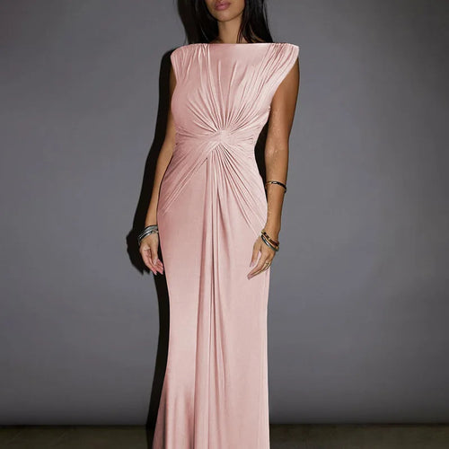 Load image into Gallery viewer, Sleeveless Ruched Sexy Maxi Dress For Women Gown Fashion Solid O Neck High Waist Bodycon Club Long Dress Vestido
