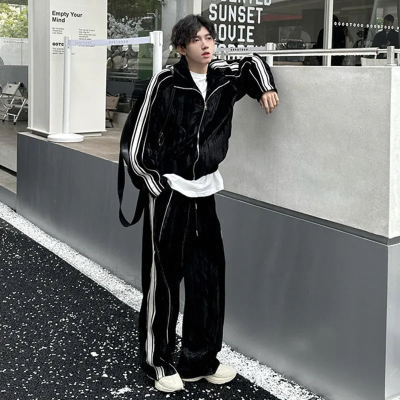 Niche Design Men's Two-piece Striped Lapel Contrast Color Jackets Straight Wide Leg Drawstring Male Sweatshirts 2025 9C9203
