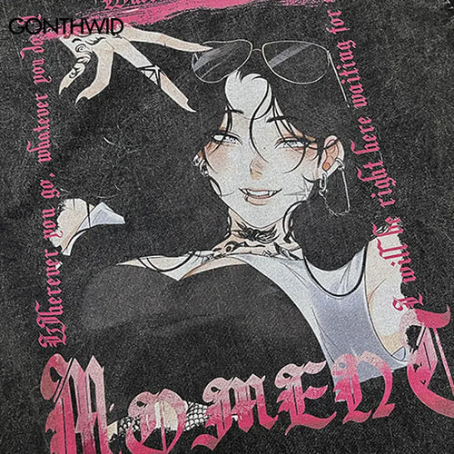 Load image into Gallery viewer, Hip Hop Vintage T Shirt Streetwear Harajuku Japanese Cartoon Anime Girl Print Washed Oversize Tshirt Punk Gothic Graphic Tee Top
