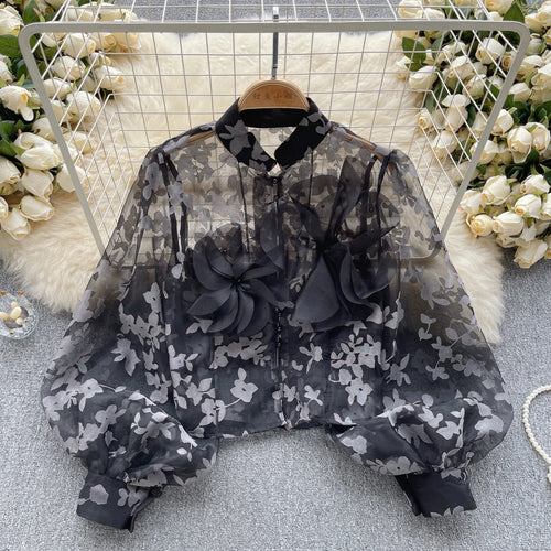 Load image into Gallery viewer, Autumn Women French Retro Mesh 3d Flower Design Blouse Long Sleeve 2023 Elegant Holiday Print Single Breasted Shirt Romantic Y2k
