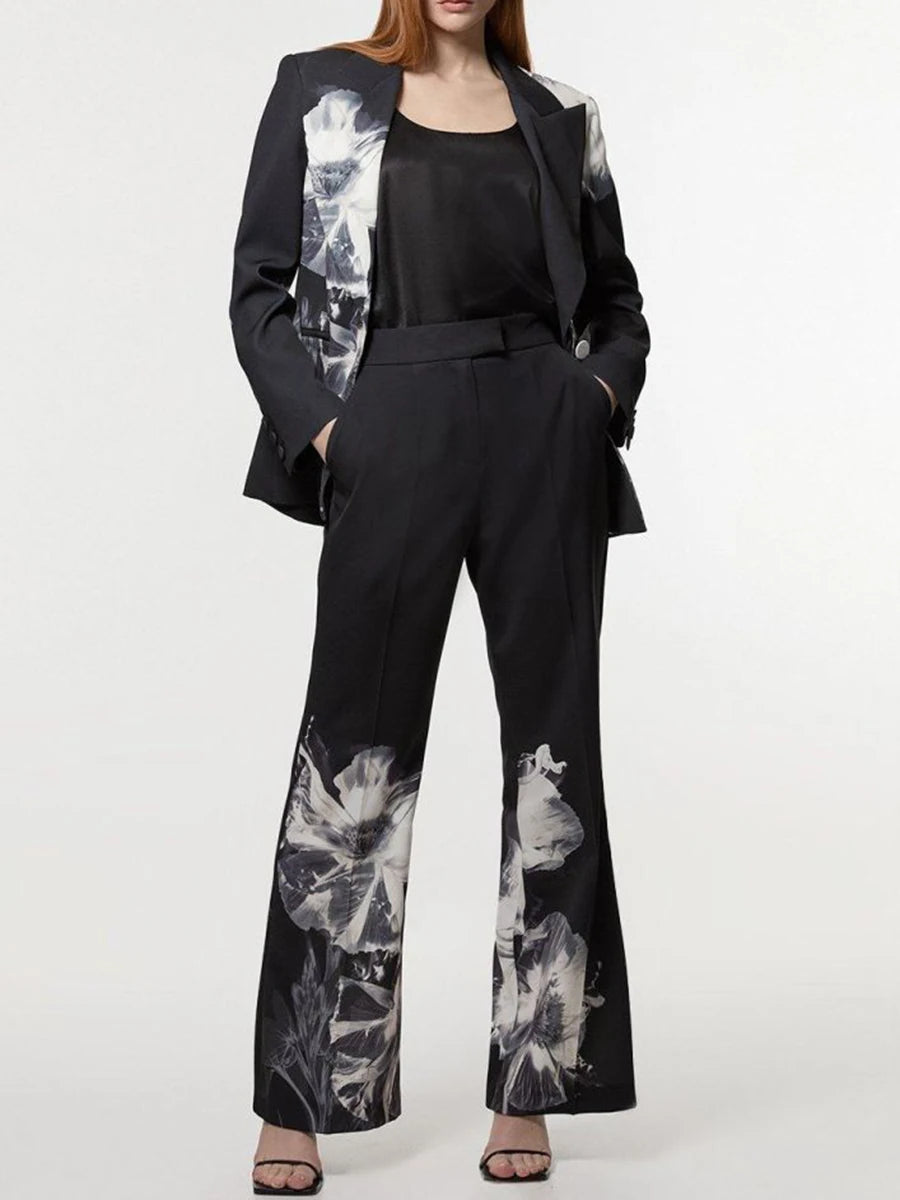 Slimming Printing Two Piece Sets for Women Lapel Long Sleeves Spliced Button Balzer High Waist Pant Set Female New