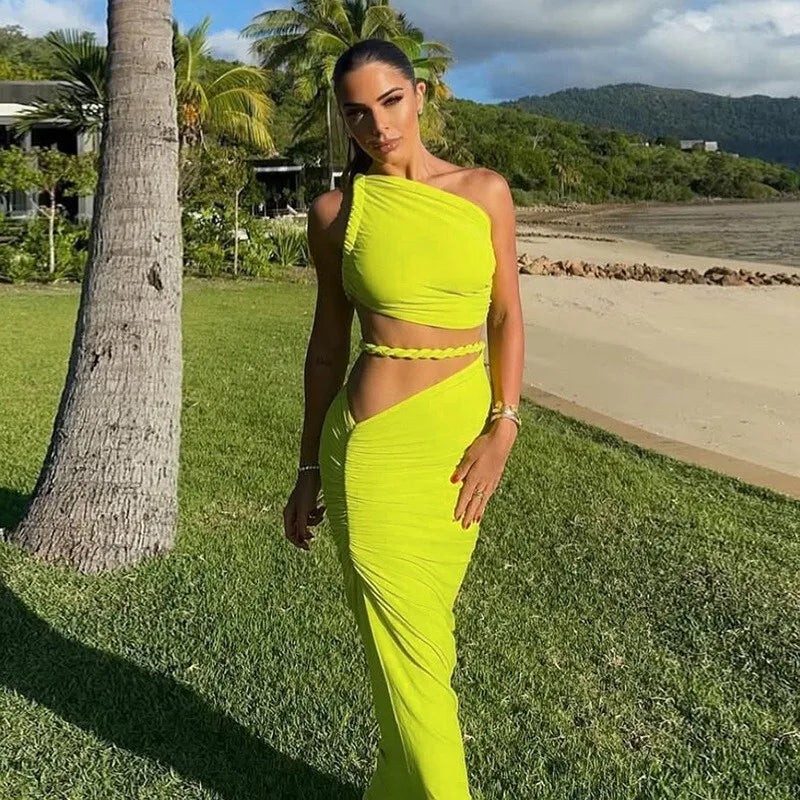 Green Sexy Two Piece Sets Women Oblique Shoulder Crop Tops And Maxi Skirt Female Thigh High Split Ruched Long Dress