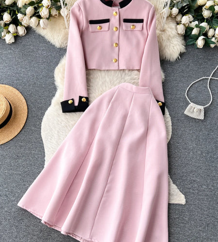 Autumn Vintage Elegant Two Piece Set Women Patchwork Round Neck Long Sleeve Button Tops And High Waist Pleated Midi Skirts Suits
