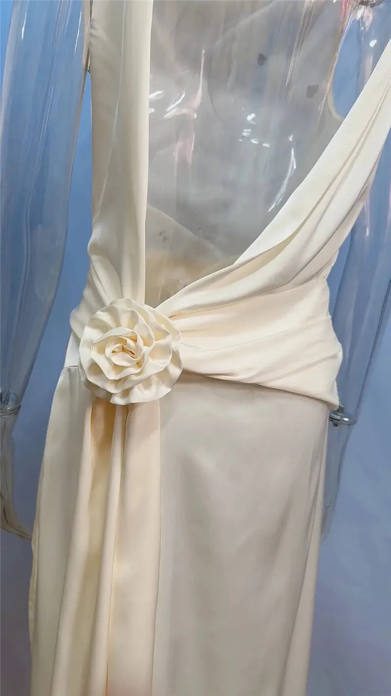 Satin Backless Sexy Maxi Dress For Women Elegant Rose Thigh High Split Beach Holiday Long Dress Gorgeous Club Gown