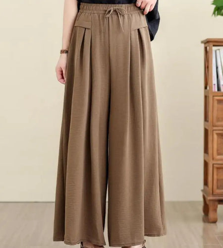 Spring Summer New Women's Black Casual Loose Elastic High Waist Lace-up Long Pants Women Brown Wide Leg Pleated Trousers Popular
