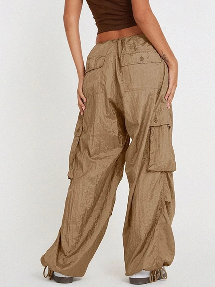 Solid Patchwork Pockets Loose Safari Style Pants For Women High Waist Spliced Drawstring Cargo Pant Female Fashion