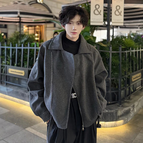 Load image into Gallery viewer, Fashion Men&#39;s Woolen Coats Turn-down Collar Hem Belt Design Solid Color Zipper Menswear Loose Thickened Jackets 9C9357
