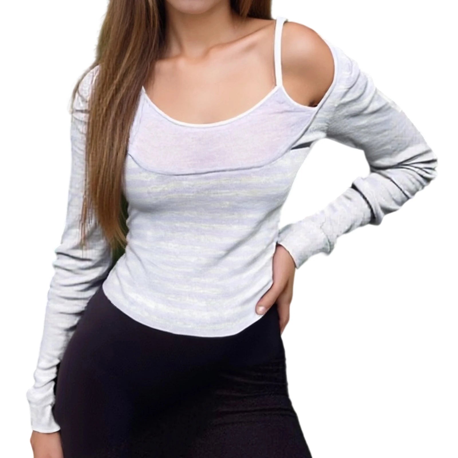 Gothic Striped Tops y2k Women Aesthetic Clothing Fake Two-Piece Long Sleeve T Shirt Spring Fall Clothes Streetwear