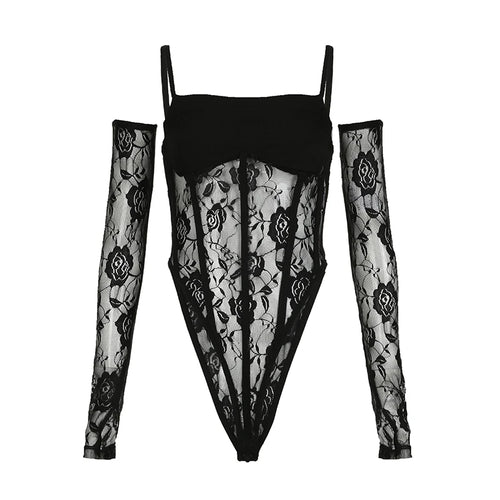Load image into Gallery viewer, Spaghetti Strap Party Black Lace Bodysuit Women Fashion Skinny Body See Through With Sleeves Hot Elegant Catsuit New
