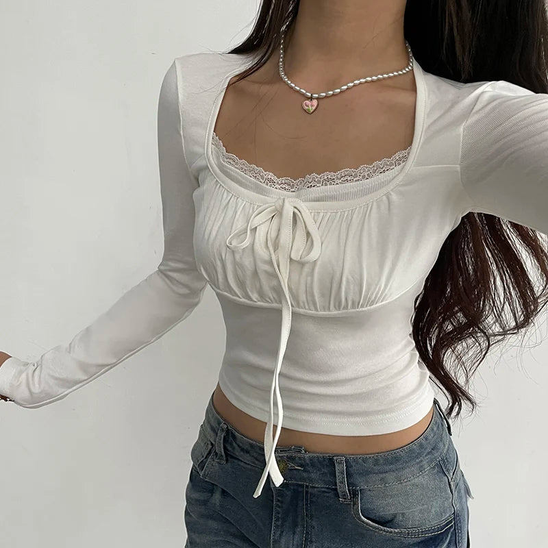 Korean White Lace Patched Female T-shirt Slim Basic Sweet Folds Autumn Tee Cute Top Coquette Clothes Front Tie-Up Y2K