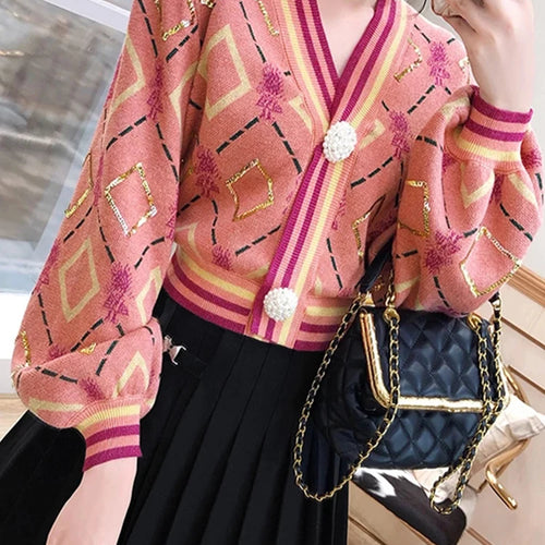 Load image into Gallery viewer, Fashion Spring Fall Knit Cropped Cardigan Lantern Sleeve Casual V-Neck Slim Argyle Women Sweater Outwear High Quality C-031
