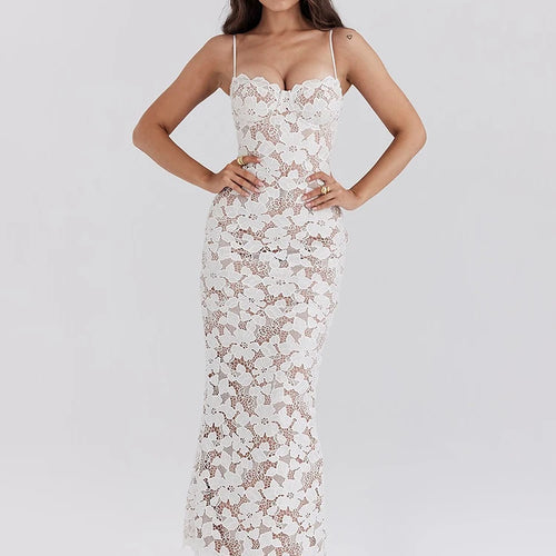 Load image into Gallery viewer, Floral Embroidery Sexy Maxi Dress For Women Fashion Spaghetti Strap Sleeveless Backless Lace-up Club Party Long Dress
