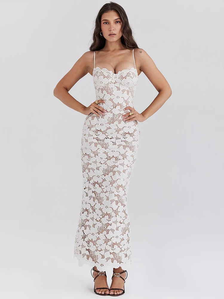 Floral Embroidery Sexy Maxi Dress For Women Fashion Spaghetti Strap Sleeveless Backless Lace-up Club Party Long Dress