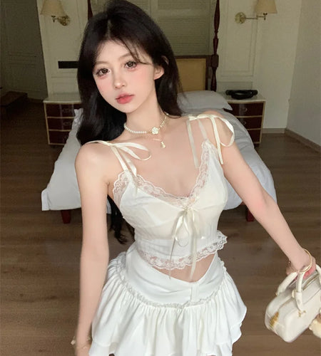 Women Fashion White Lace Patchwork Backless Bandage Slip Tank Tops Summer Deep V-neck Sleeveless Slim Short Vests Streetwear New
