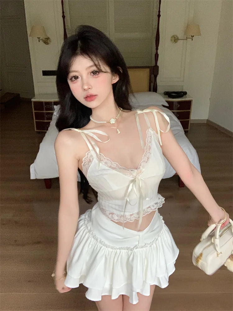 Women Fashion White Lace Patchwork Backless Bandage Slip Tank Tops Summer Deep V-neck Sleeveless Slim Short Vests Streetwear New