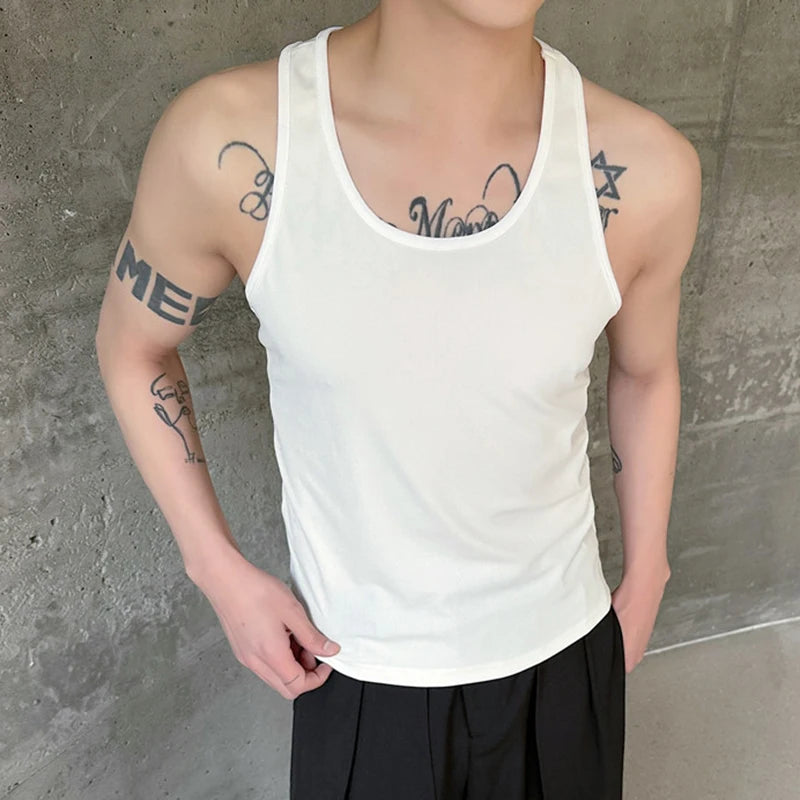 Summer New Men's Sleeveless Vest Round Neck Slim Fit Tank Top Trendy Bottom Top Solid Color Personality Male 9C5480