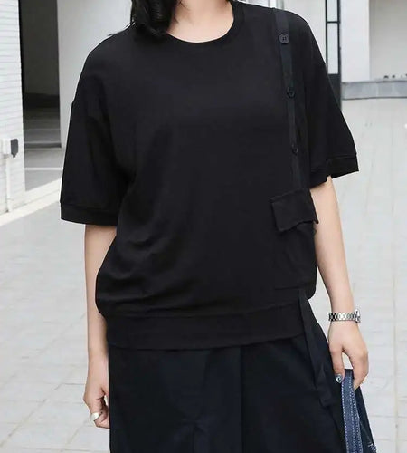 Women Black Irregular Button Pocket Big Size Casual T-shirt New Round Neck Short Sleeve Fashion Spring Summer 2025 1DJ0223